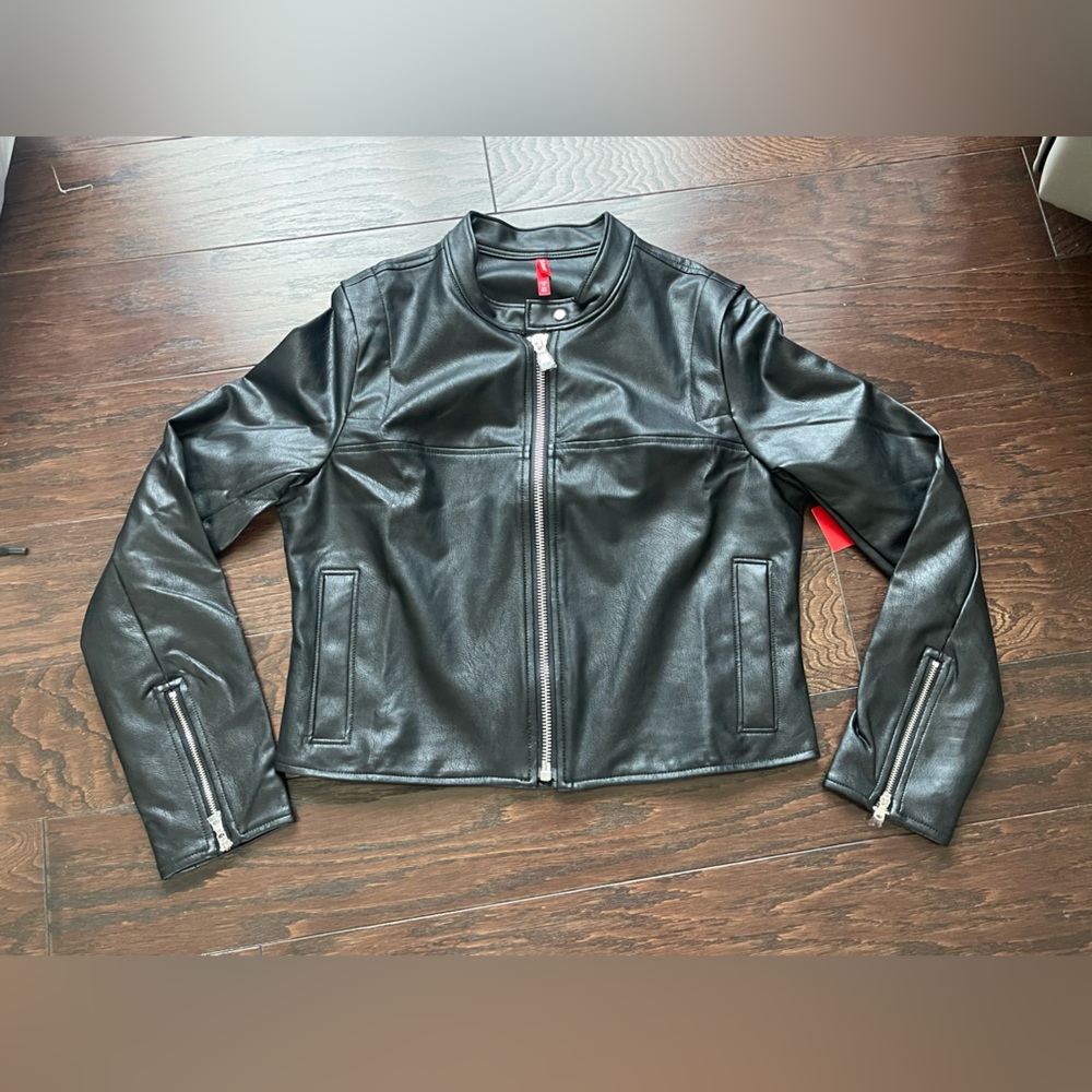Spanx Women Moto Jacket Size Medium Faux Zip Front Luxe Black NEW